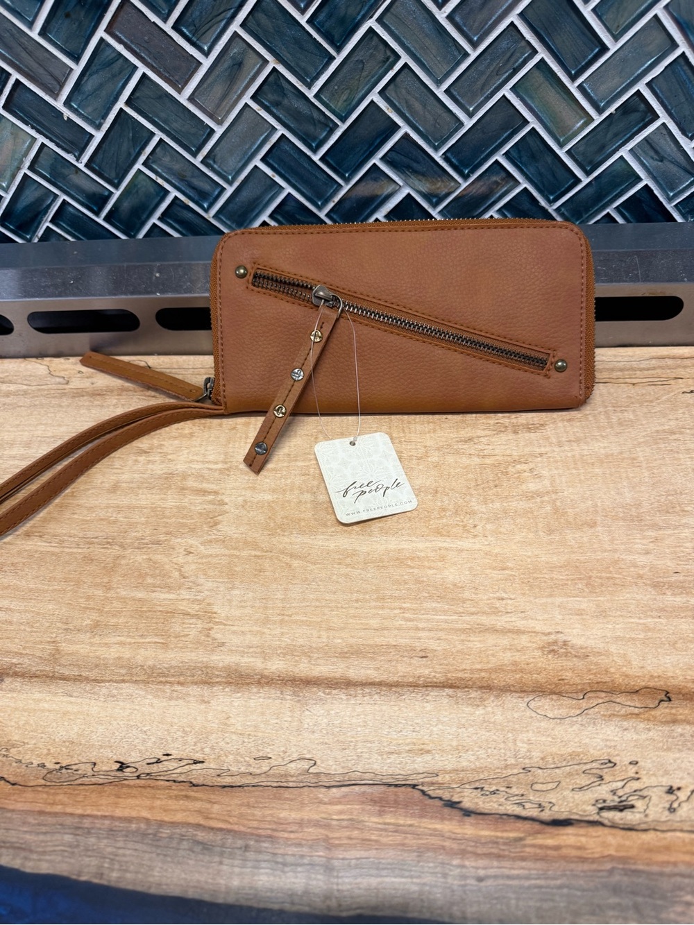 Free People Tan Pebbled Wristlet Wallet with Diagonal Zip